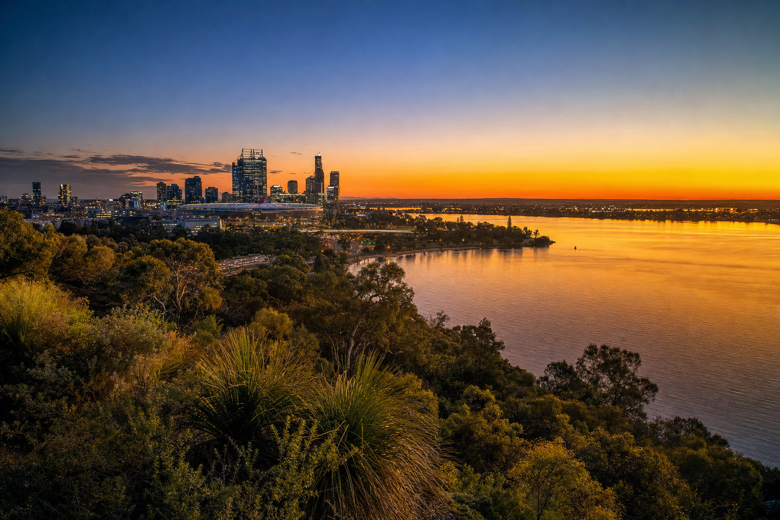 Kings Park Perth at dusk with quantum network overlay